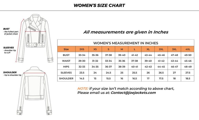 May include: A women's size chart with measurements in inches for bust, waist, hips, sleeves, and shoulder. Includes diagrams of a jacket, with text indicating measurement points. Contact information is provided.