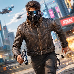 May include: A brown leather jacket with a distressed finish, worn by a person in a futuristic setting. The jacket features a zip closure and a belted waist. The person is wearing a black mask and goggles, and holding a futuristic pistol.