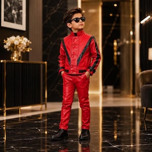 May include: A bright red leather jacket and matching red leather trousers. The jacket features a high collar, a vertical row of buttons, and black chevron-shaped accents on the chest and sleeves. The outfit is paired with black leather shoes.