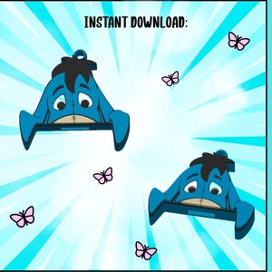 May include: Two blue donkey-shaped can openers with black hair and sad expressions, set against a light blue sunburst background with small pink butterflies. The text reads INSTANT DOWNLOAD: and CAN OPENER: in a bold, rounded font style.