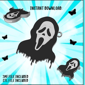 Puede incluir: Ilustración digital de un diseño de máscara de Ghostface en blanco y negro con efecto de goteo. La imagen incluye el texto "DESCARGA INSTANTÁNEA:" y "3MF FILE INCLUDED STL FILE INCLUDED". Siluetas de mariposas negras dispersas.