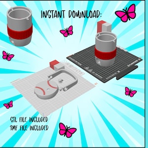 May include: A 3D rendering of a soda can holder design. The design includes a grey cylindrical holder with a red band, a baseball-themed holder, and the text "INSTANT DOWNLOAD:" and "STL FILE INCLUDED 3MF FILE INCLUDED". Pink butterflies are scattered around the design.