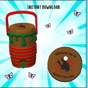 May include: A brown cylindrical can holder with a red handle and red horizontal stripes. The top features a black silhouette of a clawed hand with the text "WHATEVER YOU DO DONT FALL ASLEEP" and green dripping paint accents. Includes small pink butterflies.