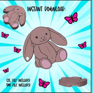 May include: Digital download graphic featuring a brown bunny and pink butterflies on a blue background. Text includes "INSTANT DOWNLOAD:" and "CAN OPENER:" along with file type information. The bunny is the central design element.