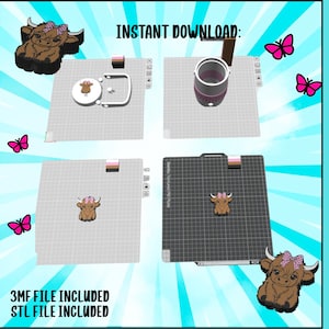 Op de afbeelding: Een digitale downloadafbeelding met een Schotse hooglander met een roze strik, weergegeven in meerdere 3D-modelweergaven. De afbeelding bevat de tekst "INSTANT DOWNLOAD:" en "HIGHLAND BUNDLE:" met "3MF FILE INCLUDED" en "STL FILE INCLUDED". Roze vlinders zijn ook aanwezig.