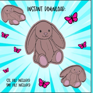 May include: A digital design for a trinket tray featuring a cartoon bunny and pink butterflies on a blue background with radial lines. Text includes "Instant Download" and "STL file included, 3MF file included". The words "Trinket Tray" are also present.