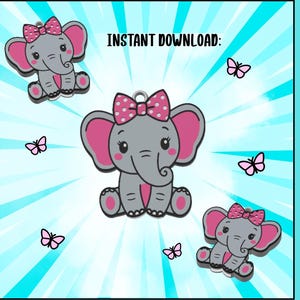 May include: Three gray elephant charms with pink ears and polka-dot bows, surrounded by small pink butterflies on a light blue background. The text reads INSTANT DOWNLOAD: and CAN OPENER: in black and purple lettering respectively.
