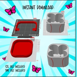 Puede incluir: Diseño digital para un enfriador de refrescos, con asa y base rojas, y dos portavasos grises con costuras de béisbol. La imagen incluye el texto "INSTANT DOWNLOAD" y "STL FILE INCLUDED 3MF FILE INCLUDED". Mariposas rosas decoran el fondo.