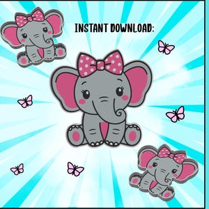 May include: A digital graphic featuring three gray elephant illustrations with pink ears and pink polka-dot bows. The text INSTANT DOWNLOAD and TRINKET TRAY are visible. Small pink butterflies are scattered across a light blue sunburst background.