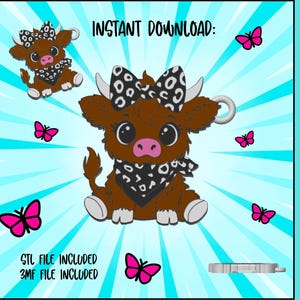 Puede incluir: Un diseño digital con una vaca de dibujos animados con pelaje marrón, un lazo blanco y negro y un pañuelo a juego. También se incluyen mariposas rosas y el texto "DESCARGA INSTANTÁNEA:" y "ARCHIVO STL INCLUIDO ARCHIVO 3MF INCLUIDO".