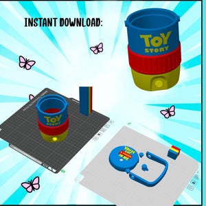 May include: A 3D digital model of a cylindrical can holder featuring a blue top section with the text Toy Story, a red middle band, and a yellow base. The design includes a blue handle and a circular lid with the text You've Got A Friend In Me.