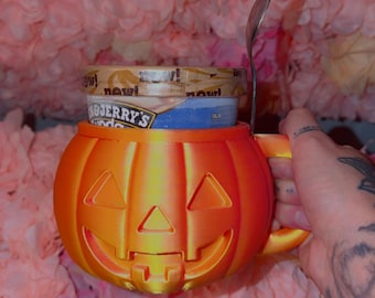 Pumpkin Ice Cream Holder 3MF File | Halloween Ice Cream Cup Holder | Spoon Holder STL | Jack O Lantern 3D Print | Digital Download