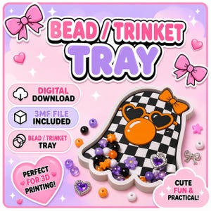 May include: A ghost-shaped tray with a black and white checkered pattern, featuring an orange bubble and heart-shaped sunglasses. The tray contains various colorful beads and charms. Text includes BEAD/TRINKET TRAY, DIGITAL DOWNLOAD, 3MF FILE INCLUDED.
