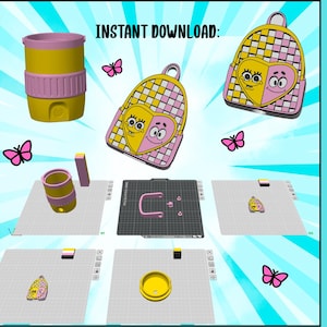 Op de afbeelding: Een digitale 3D-modelbundel met een gele en roze blikhouder en een rugzakvormig accessoire met een ruitpatroon en hartvormige karaktergezichten. De tekst luidt INSTANT DOWNLOAD en CAN HOLDER BUNDLE, versierd met roze vlinders.