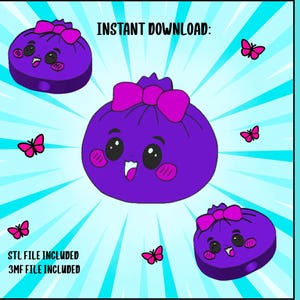 May include: A digital illustration featuring three purple dumpling-like characters with pink bows and smiling faces, surrounded by pink butterflies. Text includes "INSTANT DOWNLOAD:" and "STL FILE INCLUDED 3MF FILE INCLUDED". The words "STRAW TOPPER:" are on the right.
