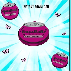 May include: A graphic illustration featuring a central BuzzBallz Cocktails Pink Lemonade can opener, surrounded by smaller versions of the same can opener and pink butterflies against a light blue sunburst background with the text INSTANT DOWNLOAD: CAN OPENER: