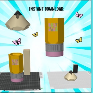 May include: A digital illustration of a pencil-shaped can holder, with a yellow body, gray eraser, and pink base. The image includes the text "INSTANT DOWNLOAD:" and "CAN HOLDER:" with decorative butterflies.