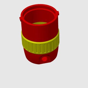May include: A red and yellow container with a cylindrical shape. The container has a yellow band around the middle and a red button on the bottom. The top of the container is open, revealing a green interior.