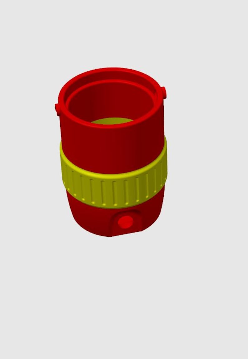 May include: A red and yellow container with a cylindrical shape. The container has a yellow band around the middle and a red button on the bottom. The top of the container is open, revealing a green interior.