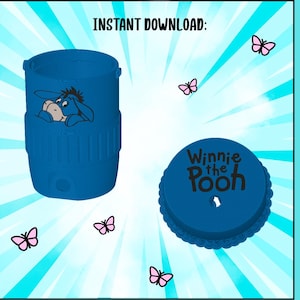 May include: A blue cylindrical can holder featuring an illustration of Eeyore on the side and a circular lid with the text Winnie the Pooh printed in black. The design includes small pink butterflies scattered across the light blue background.