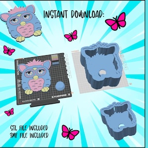 May include: A digital download graphic featuring a blue and pink Furby design, a 3D model, and the text "INSTANT DOWNLOAD:" and "MONEY BANK:" with pink butterflies. Includes STL and 3MF files.