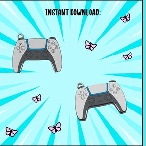 May include: Two grey and black video game controllers with a small metal loop at the top, surrounded by small pink butterflies on a light blue background with white radial lines. The text reads INSTANT DOWNLOAD: and CAN OPENER:.