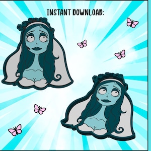 May include: Two illustrations of a blue-skinned character with long dark hair, a white veil, and a white dress, surrounded by small pink butterflies. The text reads INSTANT DOWNLOAD: and TRINKET TRAY: against a light blue sunburst background.
