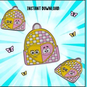 May include: Three trinket trays with a backpack design, featuring a yellow and pink checkered pattern and a heart-shaped design with cartoon characters. The image includes butterflies and the text "INSTANT DOWNLOAD:" and "TRINKET TRAY:"