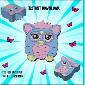 May include: A blue and pink pencil holder in the shape of a cartoon character, with large eyes and a tuft of pink hair. The image includes the text "INSTANT DOWNLOAD:" and "PENCIL HOLDER:" with pink butterflies scattered around the design.