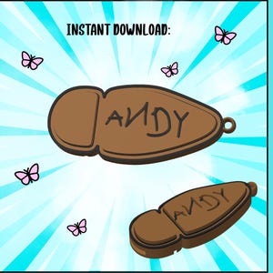 May include: Two brown shoe-shaped can openers with the name ANDY engraved on the surface. The background is light blue with white radiating lines and small pink butterflies. The text INSTANT DOWNLOAD and CAN OPENER are visible.