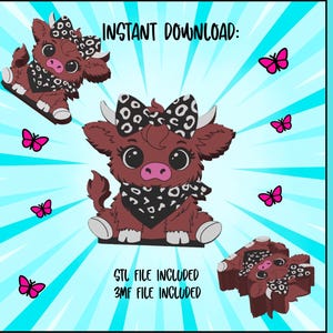 May include: A digital design featuring a cartoon Highland cow with a black and white patterned bow and bandana. The image includes pink butterflies and text that reads "INSTANT DOWNLOAD:" and "PENCIL HOLDER:" on a light blue background.