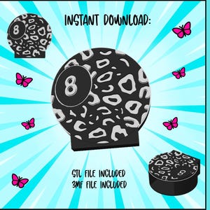May include: A black and white leopard print pencil holder with the number 8 on it. The words "INSTANT DOWNLOAD" and "STL FILE INCLUDED" are visible. Pink butterflies are scattered around the pencil holder on a light blue background.