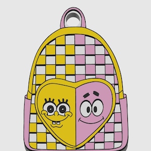 Op de afbeelding: Een rugzak met een geel en wit geblokt patroon aan de linkerkant en een roze en wit geblokt patroon aan de rechterkant. Een grote hartvormige afbeelding op de voorkant toont een geel Spongebob-gezicht en een roze Patrick-gezicht.