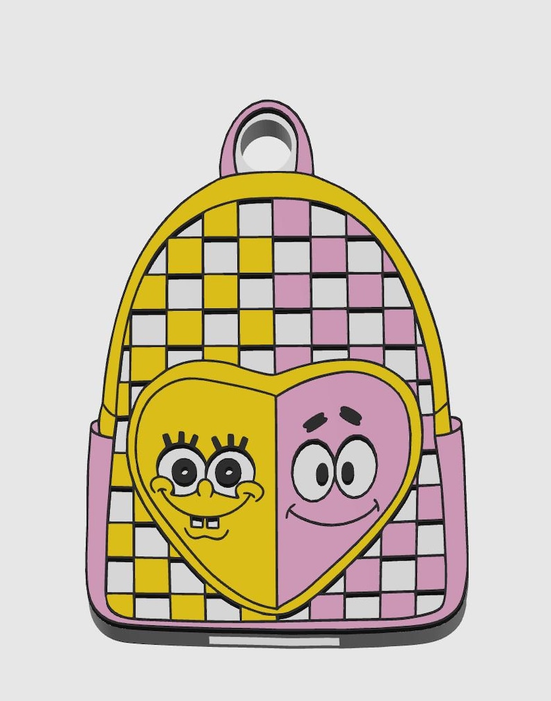 Op de afbeelding: Een rugzak met een geel en wit geblokt patroon aan de linkerkant en een roze en wit geblokt patroon aan de rechterkant. Een grote hartvormige afbeelding op de voorkant toont een geel Spongebob-gezicht en een roze Patrick-gezicht.