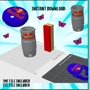 Peut inclure: Image en rendu 3D de supports de canettes Red Bull et accessoires. Le design comprend un couvercle bleu, des supports de canettes gris et un bloc rectangulaire. Le logo Red Bull est visible. Des papillons roses et le texte "INSTANT DOWNLOAD" sont également présents.