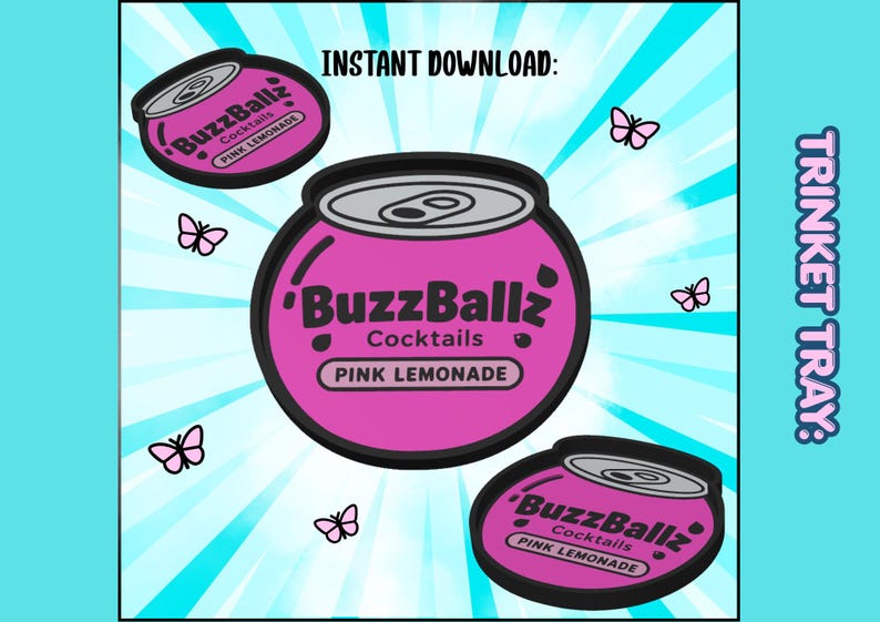 Puede incluir: Tres bandejas redondas para baratijas con forma de latas de c&oacute;ctel BuzzBallz Pink Lemonade. Las bandejas son de color rosa brillante con bordes negros y el texto BuzzBallz Cocktails Pink Lemonade. Peque&ntilde;as mariposas rosas est&aacute;n dispersas.