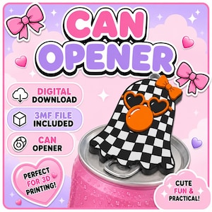 Puede incluir: Un archivo de descarga digital para un abrelatas impreso en 3D con diseño de fantasma, patrón de cuadros blanco y negro, gafas de sol de corazón naranjas, burbuja naranja y lazo naranja, sobre una lata de refresco rosa.
