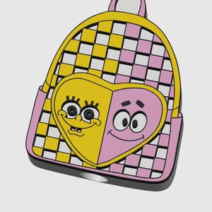 Op de afbeelding: Een mini-rugzak met een geel en roze ruitpatroon en een groot hartvormig voorvak. Het hart is verdeeld in een gele kant met het gezicht van SpongeBob en een roze kant met het gezicht van Patrick. De tas heeft een handvat en een ritssluiting.