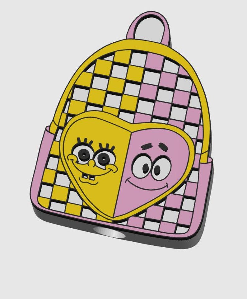 Op de afbeelding: Een mini-rugzak met een geel en roze ruitpatroon en een groot hartvormig voorvak. Het hart is verdeeld in een gele kant met het gezicht van SpongeBob en een roze kant met het gezicht van Patrick. De tas heeft een handvat en een ritssluiting.