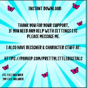 May include: A digital download graphic with a turquoise background and radial light blue lines. The text includes "Instant Download," "Thank You," and a website address. Pink butterflies are scattered around the text.