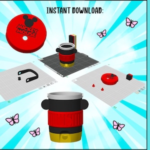 May include: A 3D digital model of a Mickey Mouse themed can holder, displayed in parts on a grid. The design features a red lid with a black Mickey Mouse logo, a black and red cylindrical body, and a yellow base. Text reads: INSTANT DOWNLOAD: CAN HOLDER: