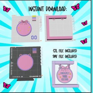Pode incluir: Gráfico de download digital com o texto "INSTANT DOWNLOAD:" e "BUSINESS SIGN:" em rosa. A imagem inclui modelos 3D de uma placa comercial, um laço rosa e o texto "ARDOUELY YOURS CUSTOMS". Borboletas rosas estão espalhadas.