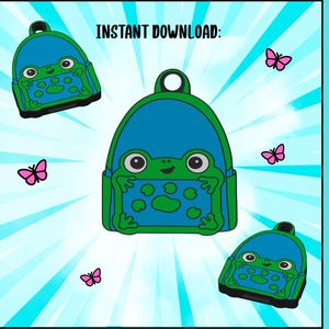 May include: A blue and green backpack with a frog face design, featuring a front pocket with lily pad graphics and frog arms. The image includes the text INSTANT DOWNLOAD and CAN OPENER, surrounded by small pink butterflies on a light blue background.