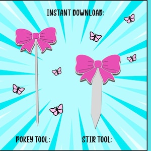 May include: A digital graphic featuring two tools with pink bows, labeled as POKEY TOOL and STIR TOOL. The text INSTANT DOWNLOAD and BOW TOOLS is visible. The background is light blue with radiating lines and small pink butterfly illustrations.