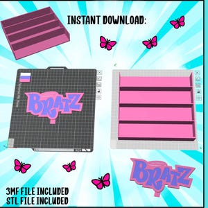 Op de afbeelding: Een digitaal ontwerp met een roze mini-plank, het woord "BRATZ" in een paarse en roze lettertype en roze vlinders. De tekst "DIRECT DOWNLOADEN:" en "3MF-BESTAND INBEGREPEN STL-BESTAND INBEGREPEN" zijn ook aanwezig.