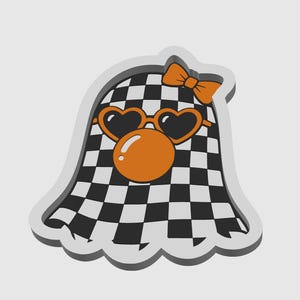 May include: A ghost-shaped sticker featuring a black and white checkered pattern. The ghost wears orange heart-shaped sunglasses and an orange bow on its head, while blowing a large, round, orange bubble gum bubble in the center of its face.