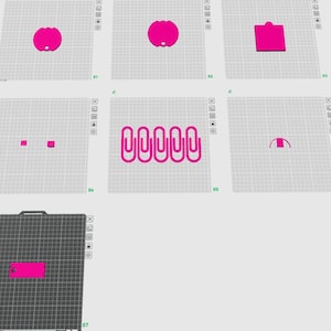 Könnte beinhalten: Eine Sammlung von pinkfarbenen, 3D-gerenderten Objekten auf einem Rasterhintergrund. Die Objekte umfassen eine abgerundete Form mit einem Loch, ein Quadrat mit einem Loch, ein Quadrat, eine Reihe von Büroklammern und eine halbkreisförmige Form.