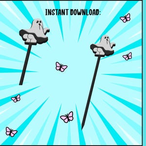 May include: Two pokey tools featuring a white ghost topper with a black outline and a pointed black shaft. The background is light blue with white radiating lines and small pink butterflies. Text reads INSTANT DOWNLOAD and POKEY TOOL.