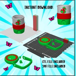 May include: A 3D rendering of a can holder design. The design includes a green base, a red midsection, and a white top with a graphic. The words "INSTANT DOWNLOAD" and "STL FILE INCLUDED" are visible. Pink butterflies are scattered around the image.