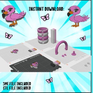 May include: A digital illustration featuring a pink flamingo, butterflies, and 3D-printed objects. The text "INSTANT DOWNLOAD" and "CAN BUNDLE" are visible. The image includes 3MF and STL file information.